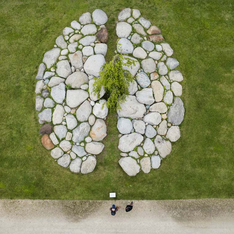 Il Cervello di pietre, veduta aerea. Giardino delle Sculture Fluide di Giuseppe Penone. Foto di Michele D'Ottavio