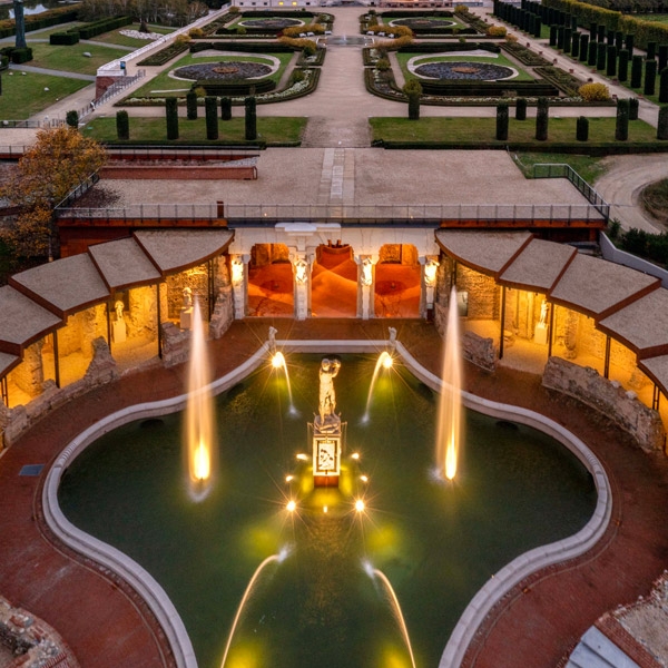 Aerial view of the Fountain of Hercules in the evening with the Gardens and the Reggia in the background  - Ph. Dario Fusaro