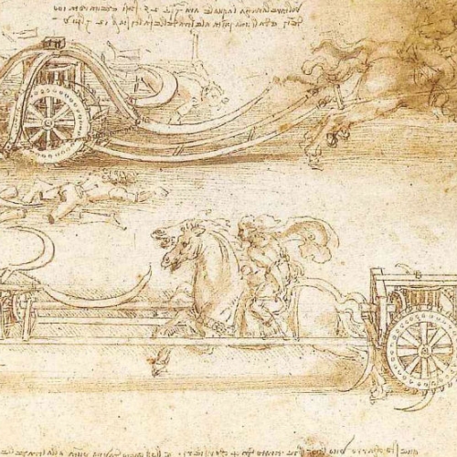 Leonardo da Vinci - “Studi di carri d’assalto falciati”. Sanguigna su carta 1485. Torino, Biblioteca Reale