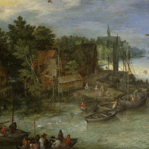 Jan Brueghel il Vecchio, Paesaggio fluviale con approdo, 1603