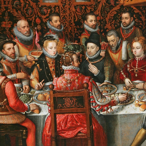 Anonimo artista fiammingo, già attribuito a scuola di Alonso Sánches Coello. Il pranzo reale (Il banchetto degli Asburgo), circa 1599