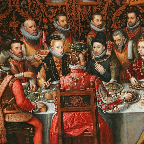 Anonimo artista fiammingo, già attribuito a scuola di Alonso Sánches Coello. Il pranzo reale (Il banchetto degli Asburgo), circa 1599