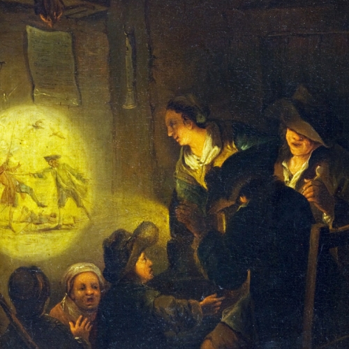 Pittore bambocciante Spettacolo di lanterna magica in un interno, 1740-1760 ca. olio su tela