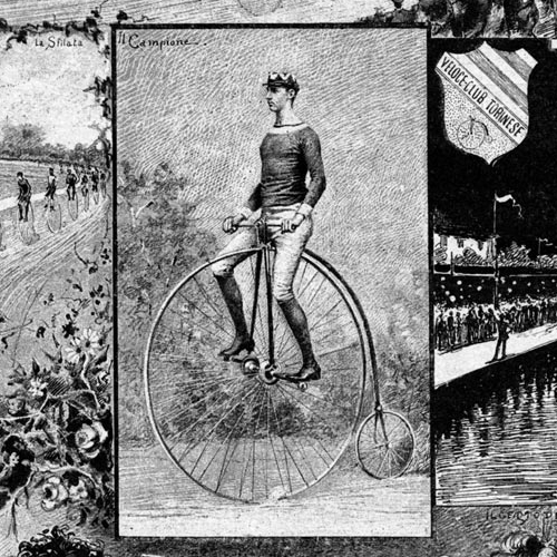 Le corse dei velocipedisti in Piazza d’Armi in 'Rivista dell’Esposizione Italiana del 1884' (da un disegno di Ettore Ximenes), Torino, Archivio Marco Albera  