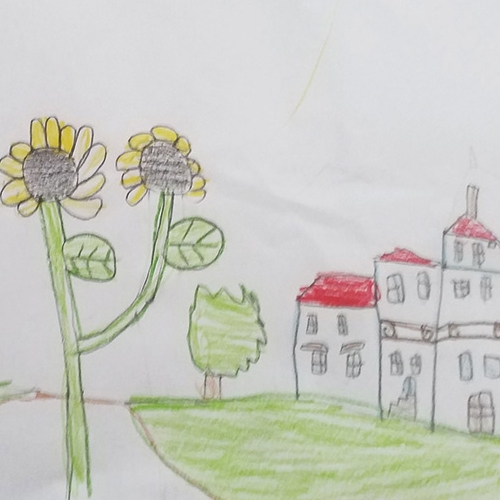 Disegno della Reggia e dei Giardini con fiori in primo piano, Gabriele, 8 anni