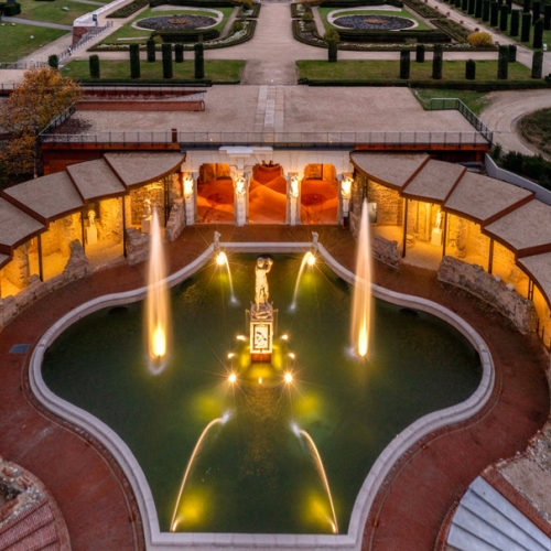 Aerial view of the Fountain of Hercules in the evening with the Gardens and the Reggia in the background - Photo by Dario Fusaro