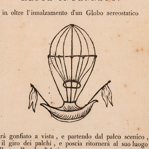 Invito teatrale d’una «comica compagnia» per lo spettacolo «Chi cerca d’ingannar resta ingannato», seguito dall’«innalzamento di un globo aereostatico», 1807, stampa