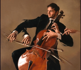 Giovanni Gasparro, Ritratto di un violoncellista. Olio su tela, 160 X 115 cm, 2017.  Vicenza, Collezione privata.  Image copyright © Archivio dell'Arte / Luciano Pedicini