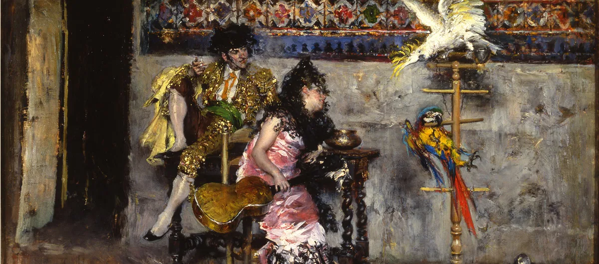 Giovanni Boldini Coppia in abito spagnolo con due pappagalli 1873 ca. Collezione d'Arte Banca Carige, Genova