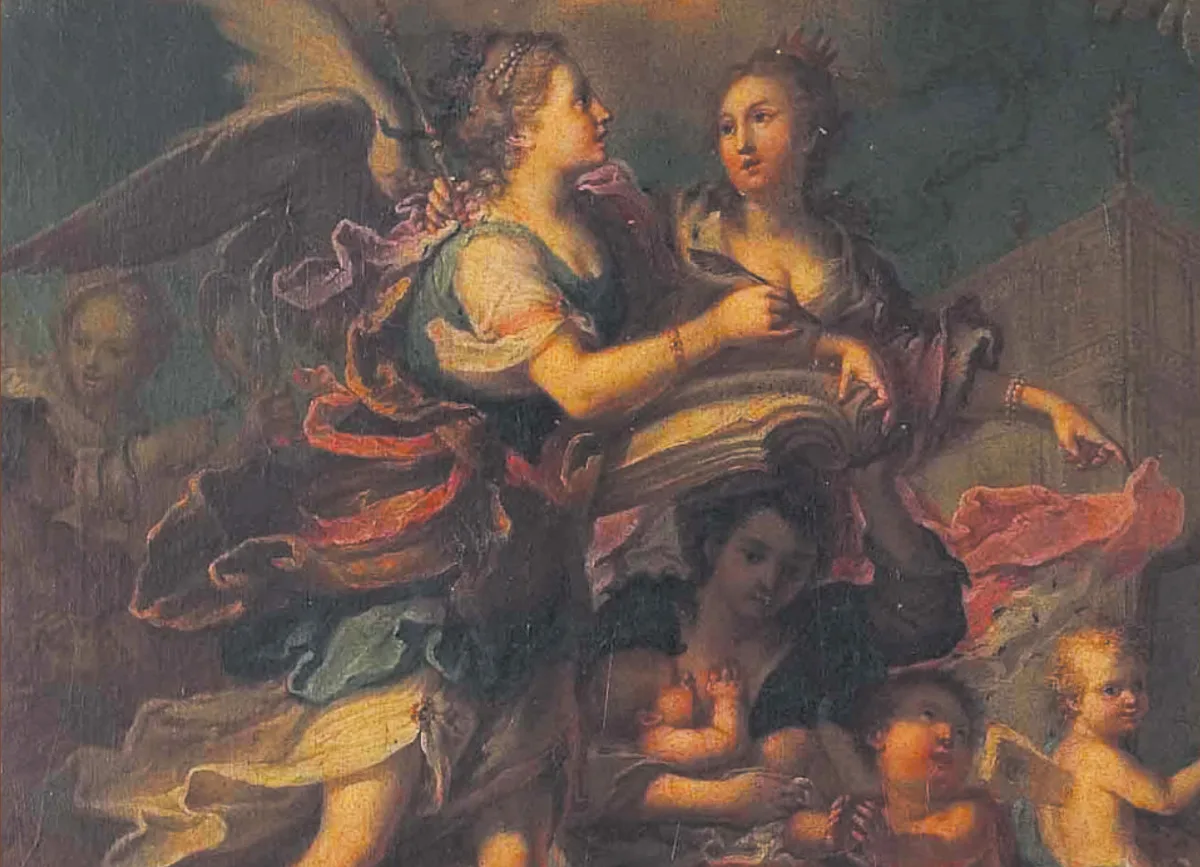 La Storia, appoggiata alla Carità, scrive il proprio racconto guidata dal Genio della Regalità (o della Dinastia Sabauda), particolare da: Allegoria delle virtù di Vittorio Amedeo III (1780ca., Castello di Racconigi).