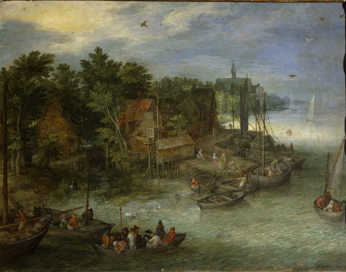 Jan Brueghel il Vecchio, Paesaggio fluviale con approdo, 1603