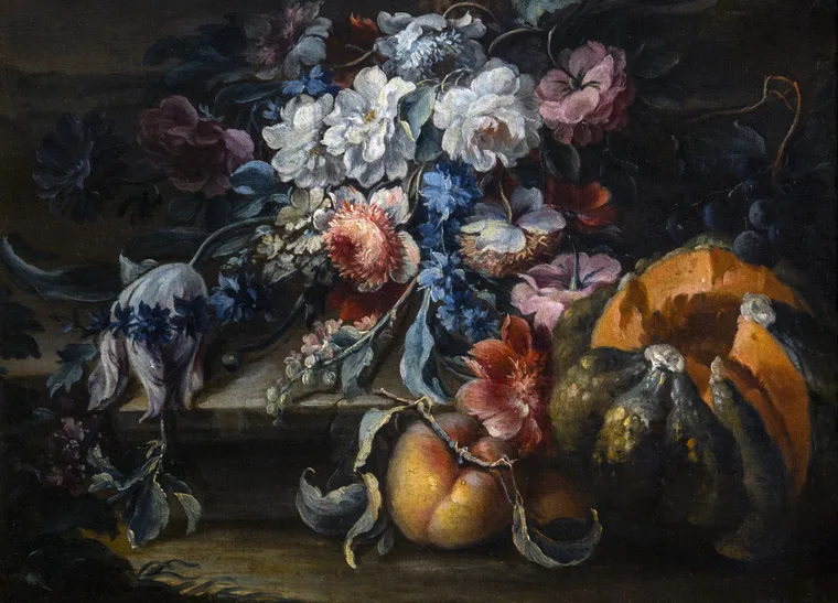 Michele Antonio Rapous, natura morta con ghirlande di fiori e frutta con zucca