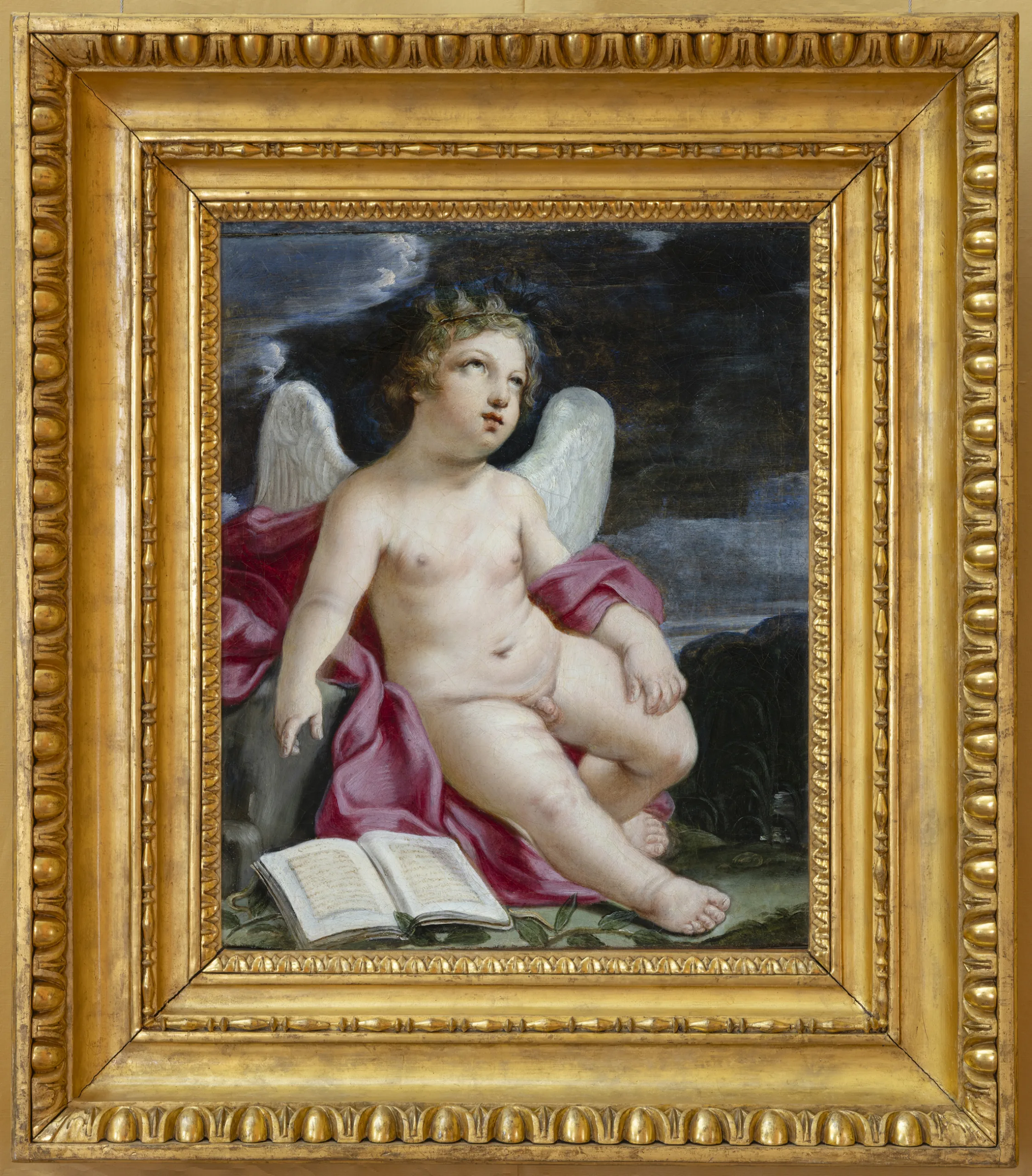 Giovanni Andrea Sirani (?), Putto alato con corona d’alloro, 1650-1675, Olio su tela