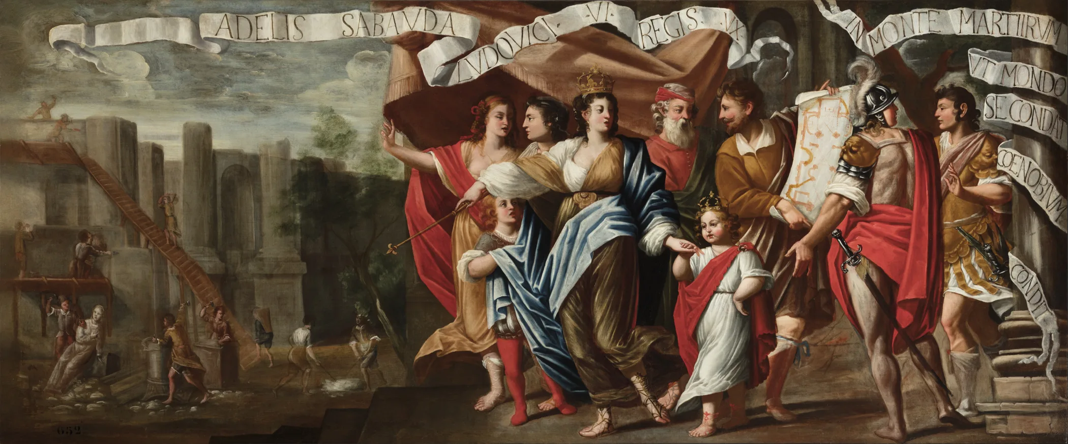 Pittore piemontese (Giovanni Luigi Buffi?), Adelaide di Savoia fa erigere l’abbazia di Montmartre, 1660-1663, Olio su tela